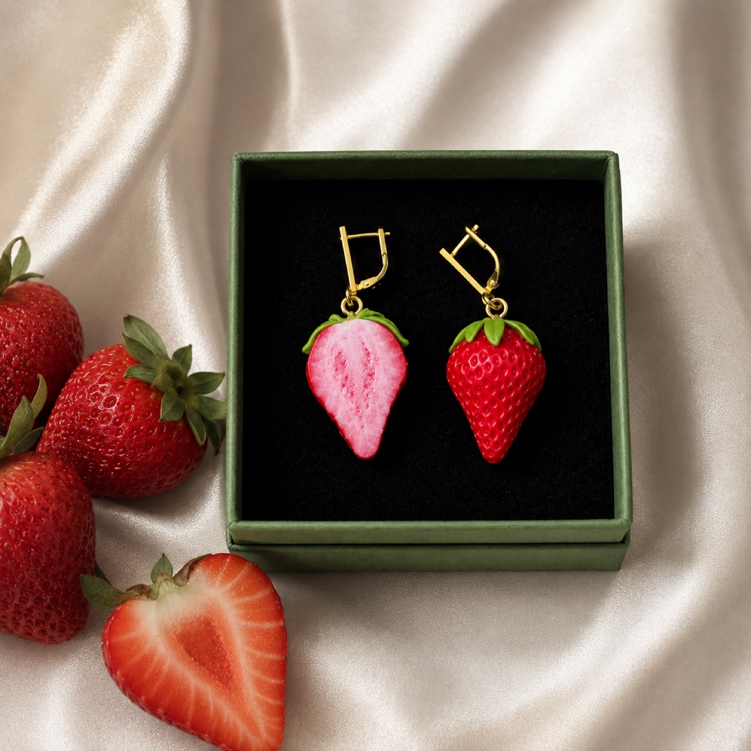 Hand-shaped strawberry earrings in a green presentation box